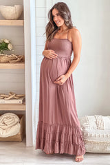 Mocha Maternity Maxi Dress With Smocked Top