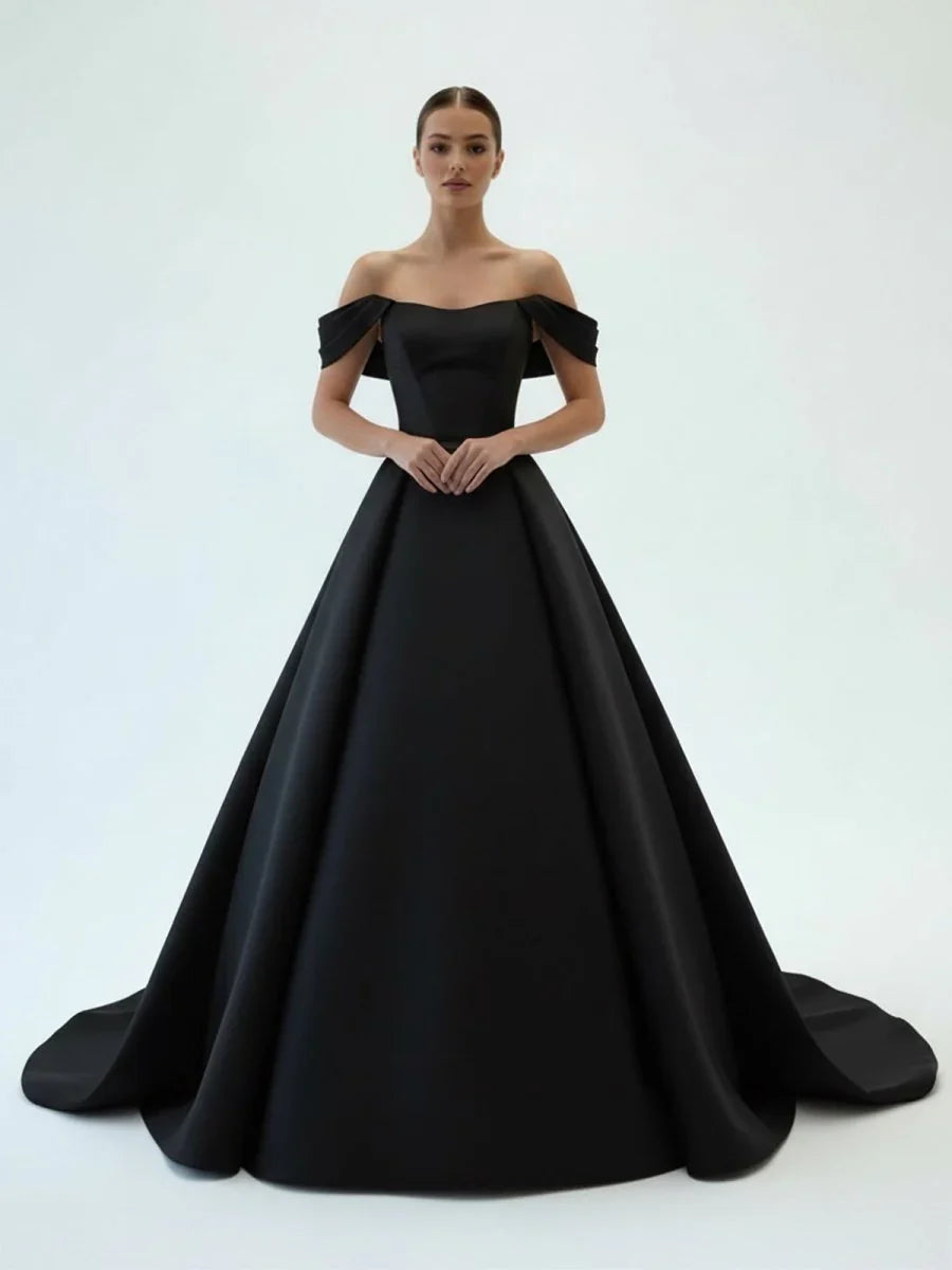 Elegant A Line Off the Shoulder White Satin Wedding Dresses