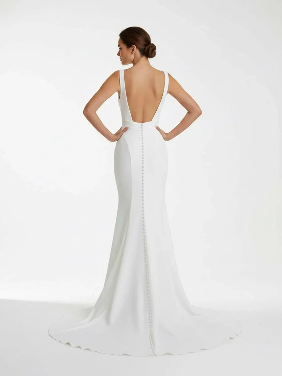 Ivory Plunge V Open Back Mermaid Long Wedding Dress