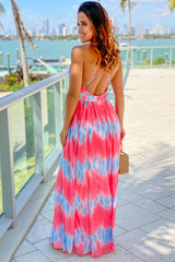 Coral And Blue Printed Maxi Dress