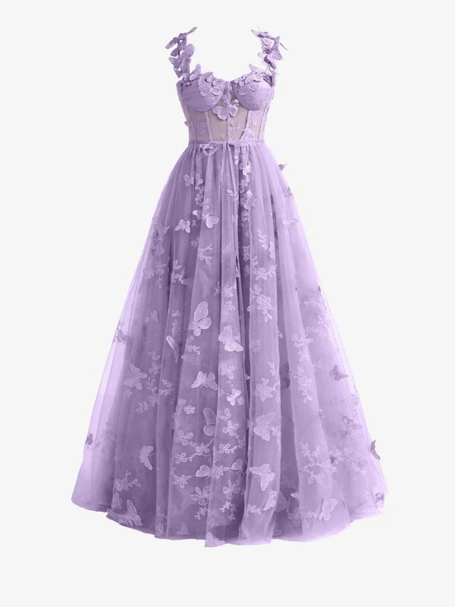Light Purple A line Butterfly Lace Lilac Corset Prom Dress with Slit