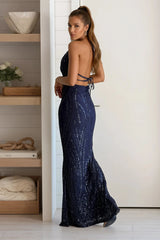 Midnight Sequined Cowl Neck Lace Up Maxi Dress
