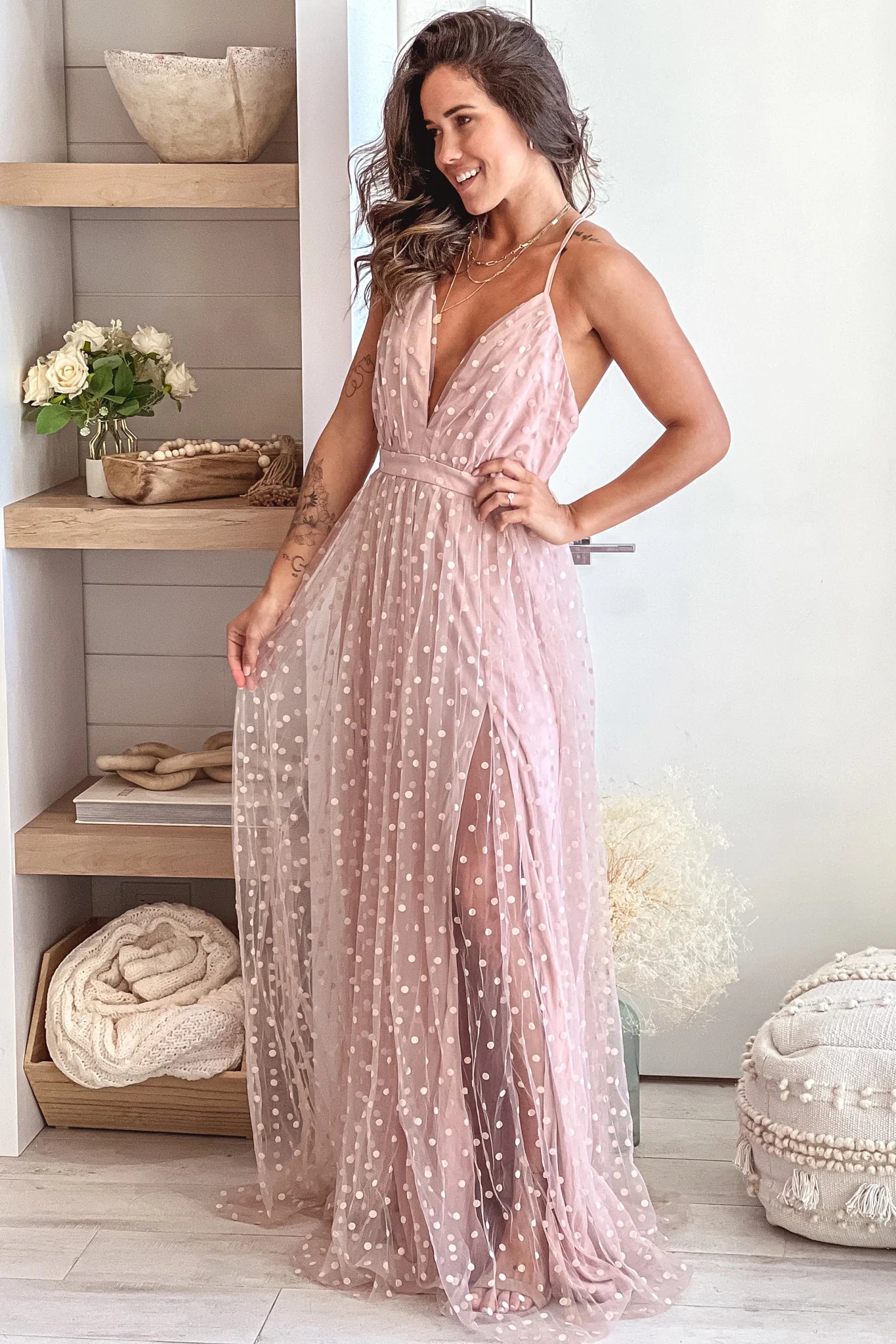 Dusty Pink Polka Dot Mesh Maxi Dress