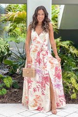 Beige Floral Maxi Dress With Slit