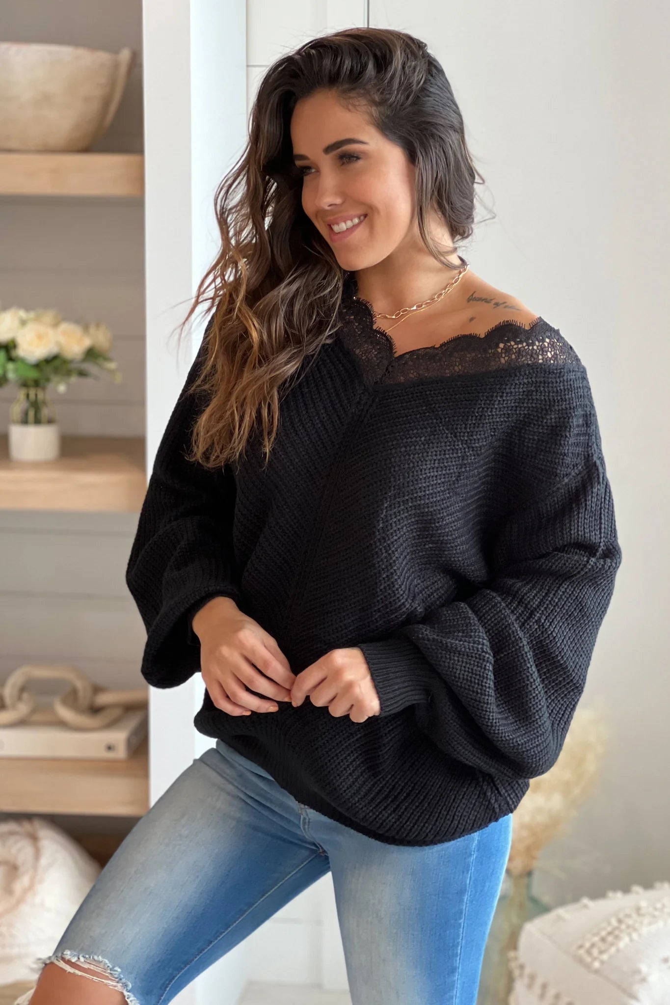 Black Lace Trim V Neck Sweater