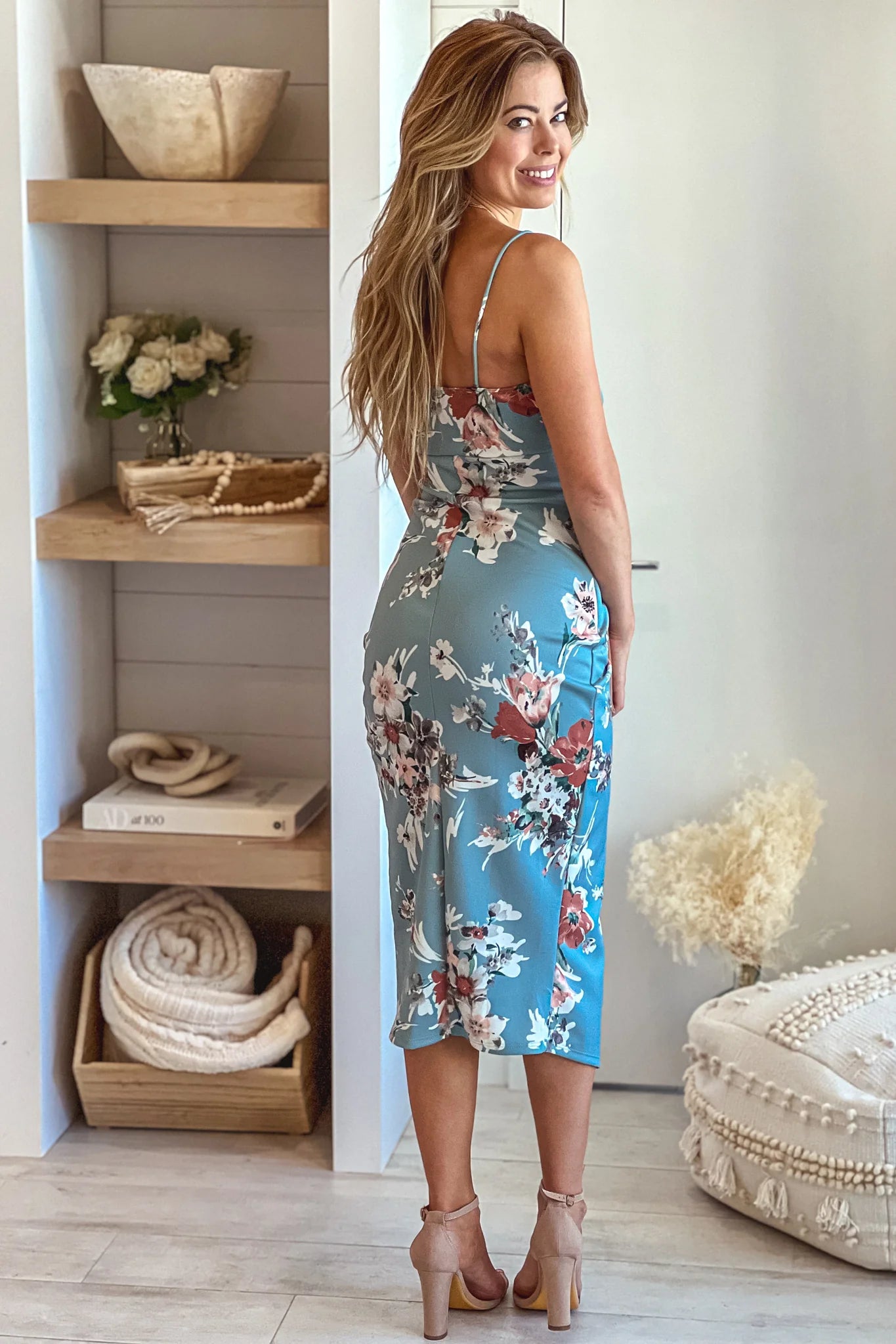 Aqua And Mauve Floral Midi Dress With Slit