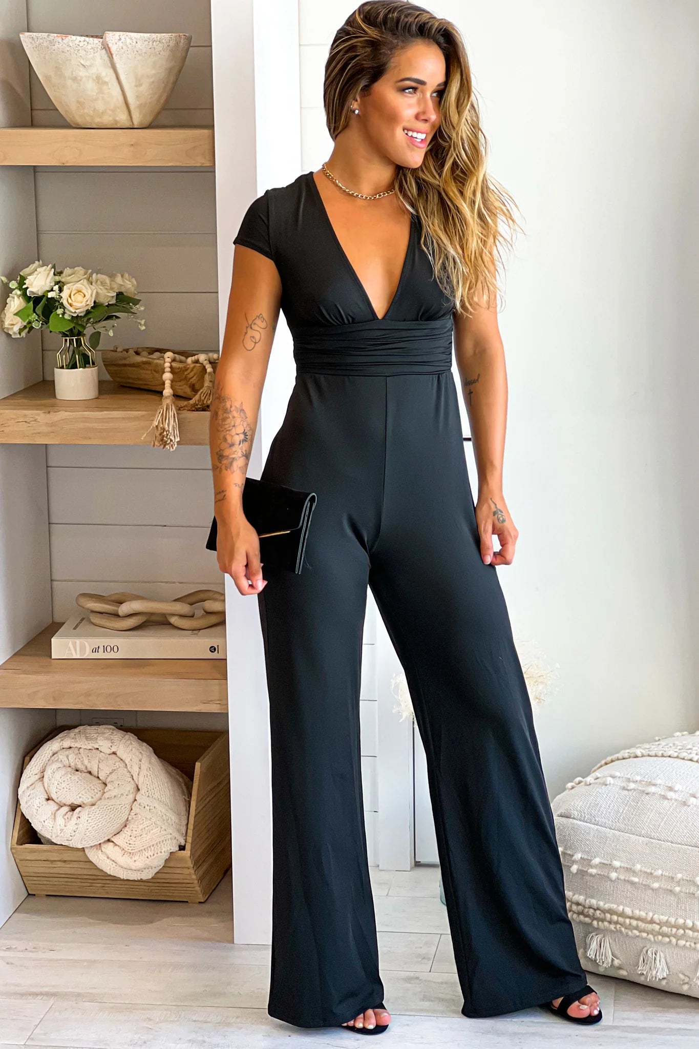 Black V Neck Jumpsuit With Short Sleeves