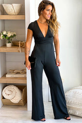 Black V Neck Jumpsuit With Short Sleeves