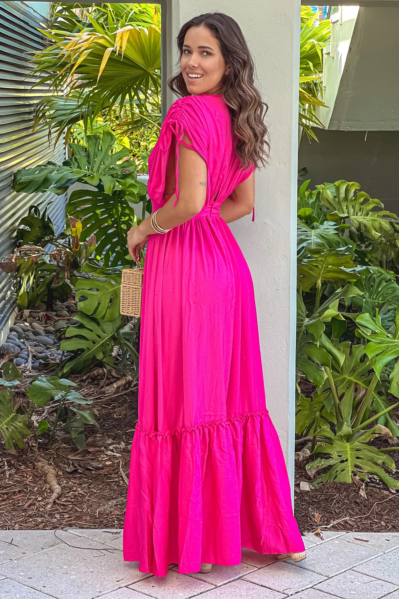 Hot Pink Deep V Neck Maxi Dress