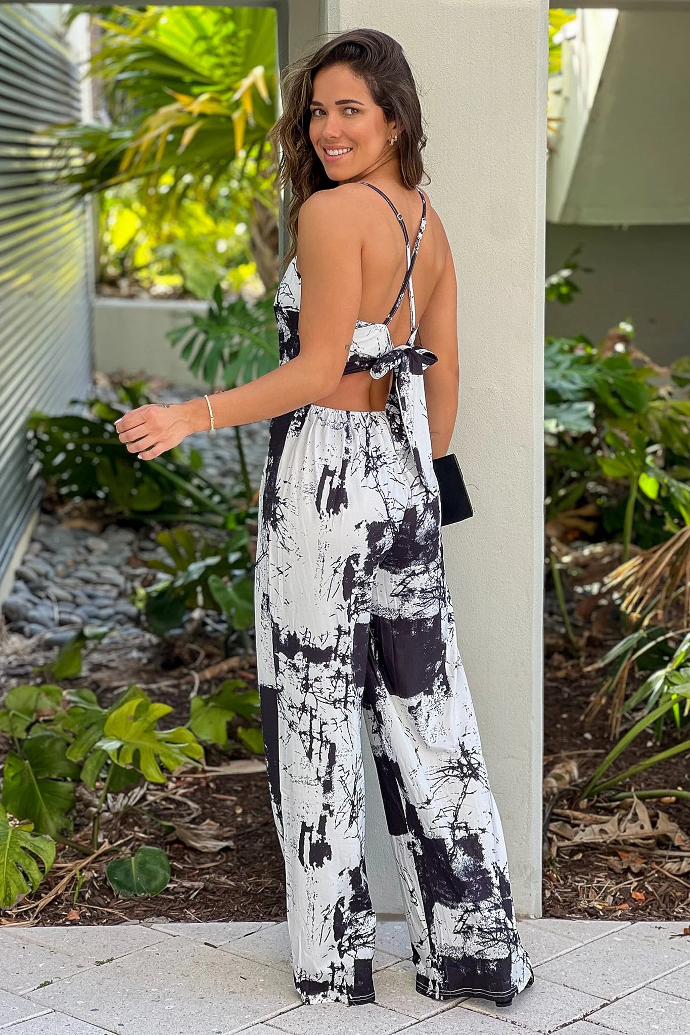 Black And White Printed Jumpsuit With Criss Cross Back