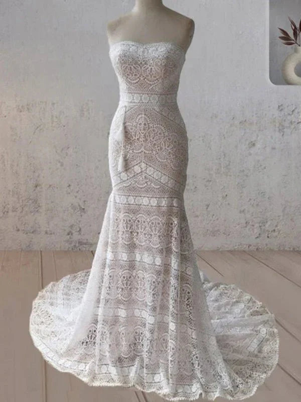 Vintage White Mermaid Lace Wedding Dress with Tassel