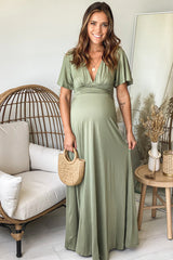 Olive V Neck Maternity Maxi Dress