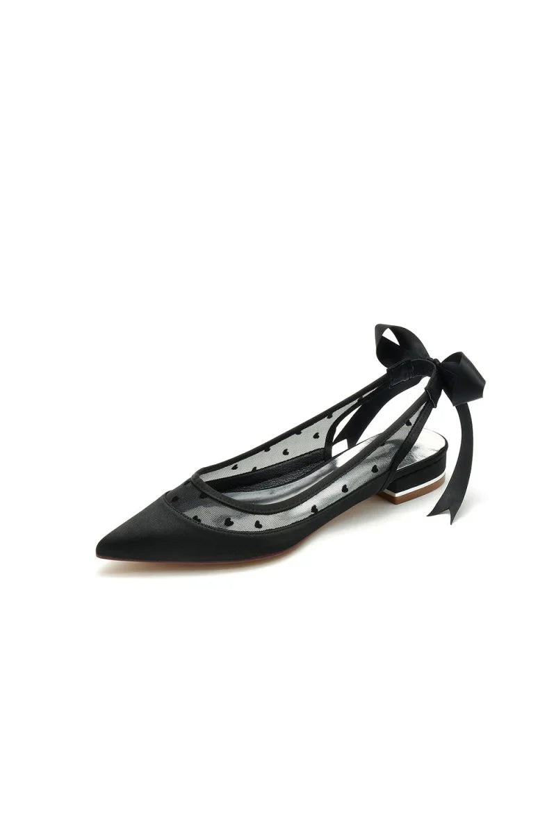 Satin Pointed Toe Mesh Low Heels With Bow