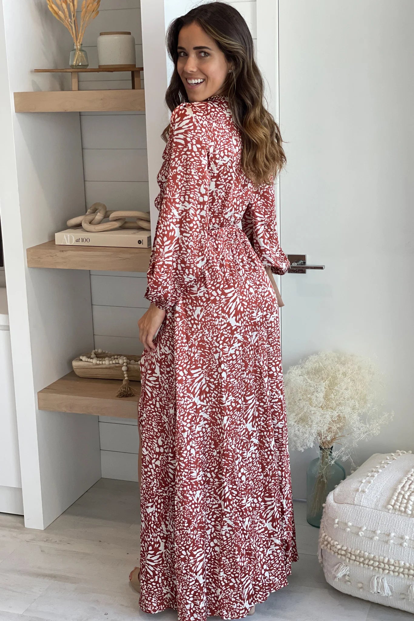 Rust Printed Maxi Dress With Long Sleeve And Cut Outs