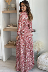 Rust Printed Maxi Dress With Long Sleeve And Cut Outs