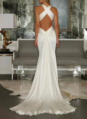 Mermaid V Neck Sleeveless Sweep Train Silk Like Satin Wedding Dresses