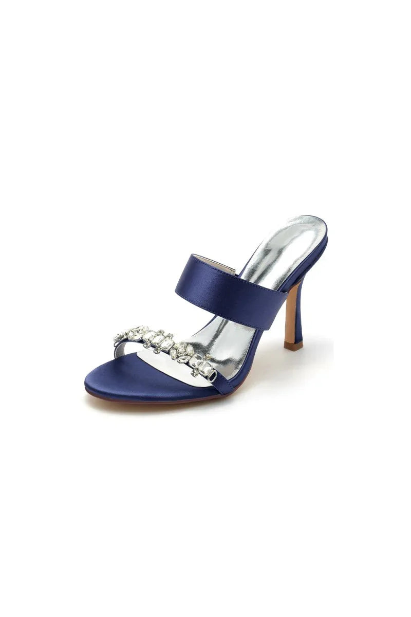 Open Toe Satin Strap Slip On High Heels With Rhinestone