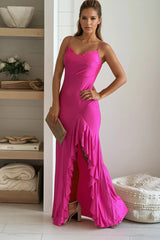 Fuchsia Sweetheart Ruffled Maxi Dress With Slit
