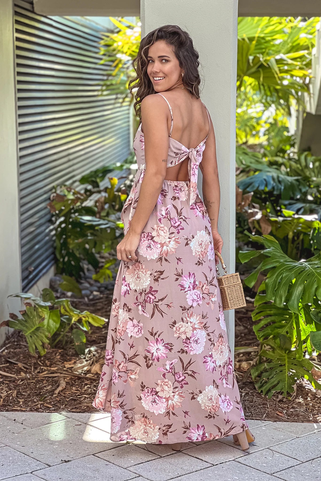 Mauve Floral Ruffle High Low Dress