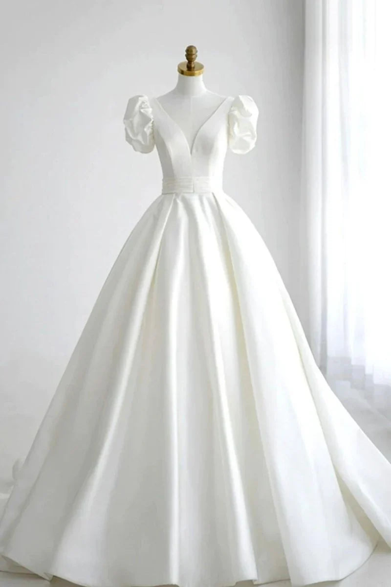 Elegant A Line V Neck White Wedding Dress with Short Sleeves