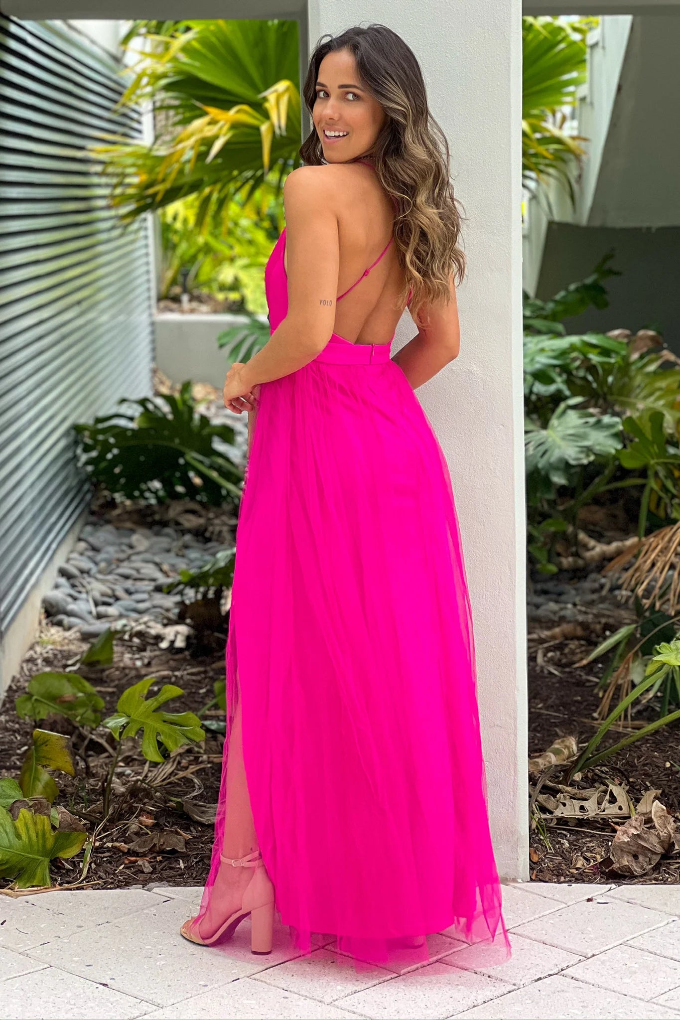Fuchsia Tulle V Neck Maxi Dress With Slits