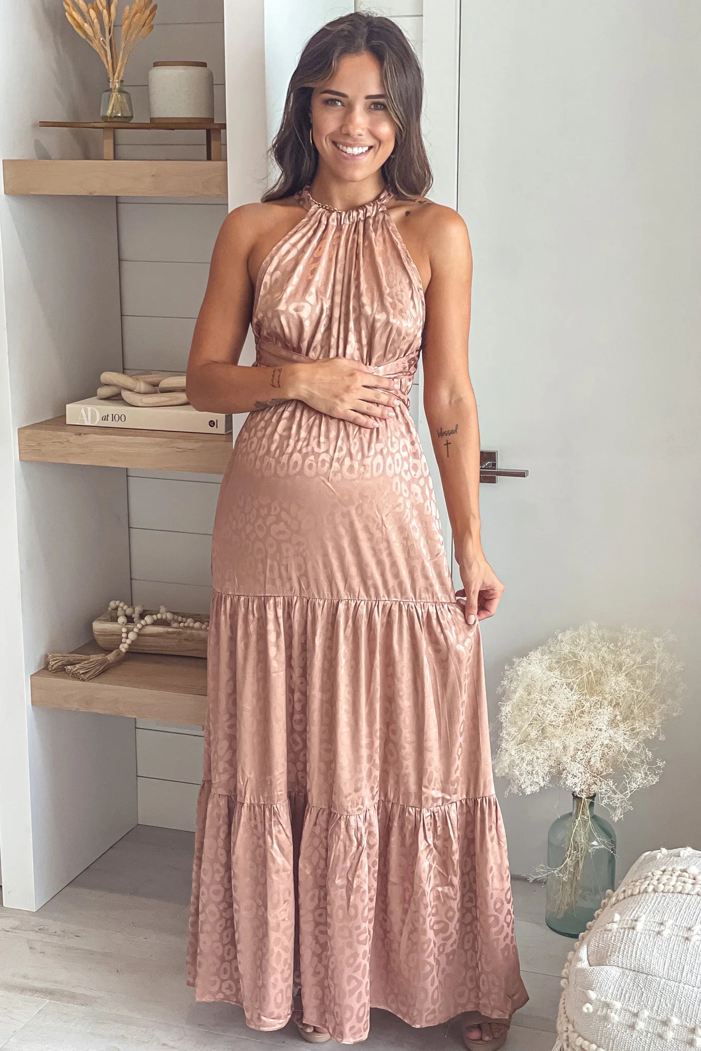 Champagne Animal Print Satin Maternity Maxi Dress