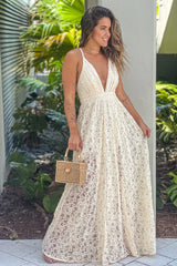 Cream Lace V Neck Maxi Dress