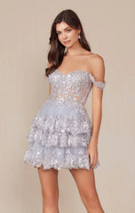 BRENNA MINI DRESS SILVER OFF SHOULDER TIERED SHORT DRESS