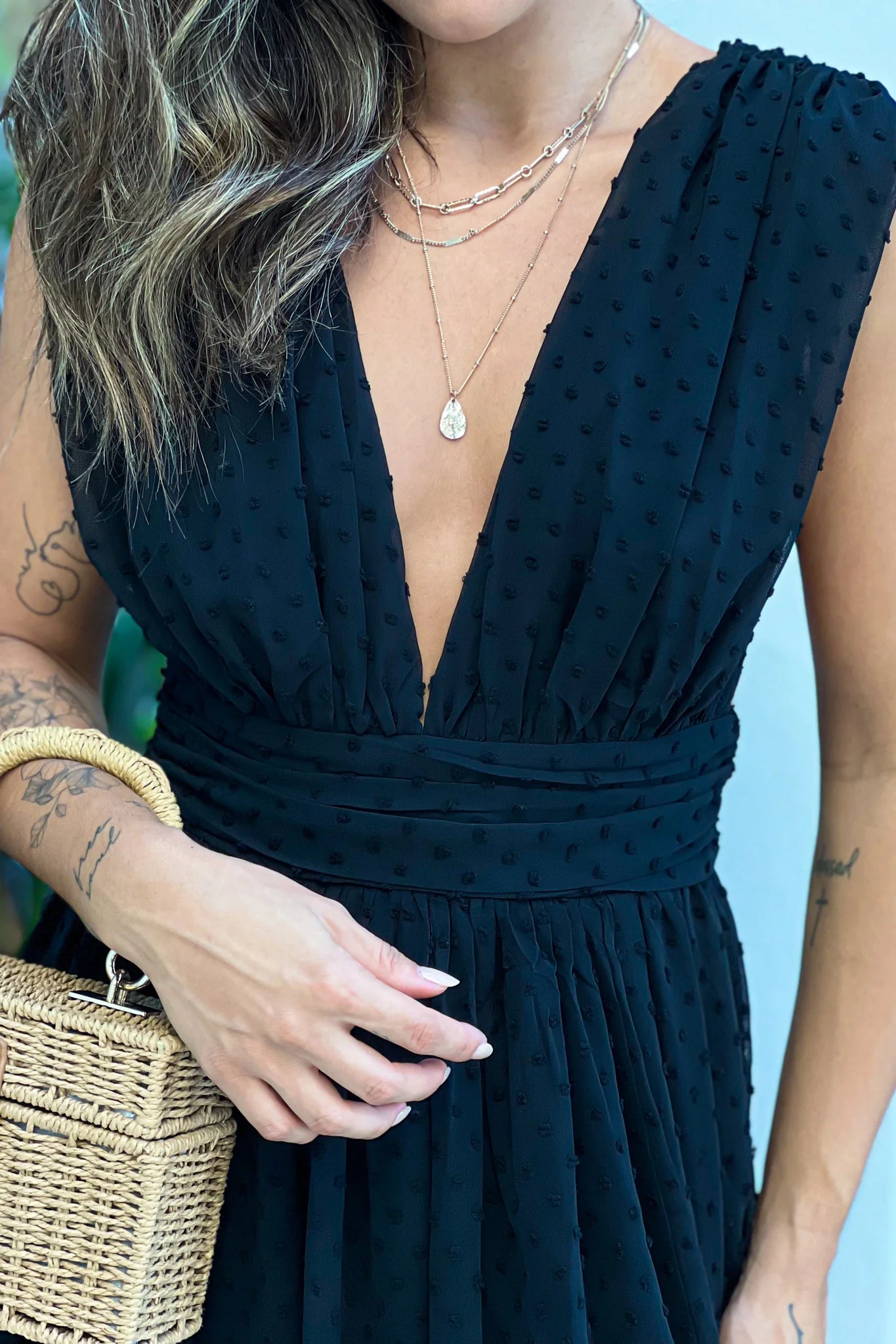 Black Swiss Dot Deep V Neck Maxi Dress