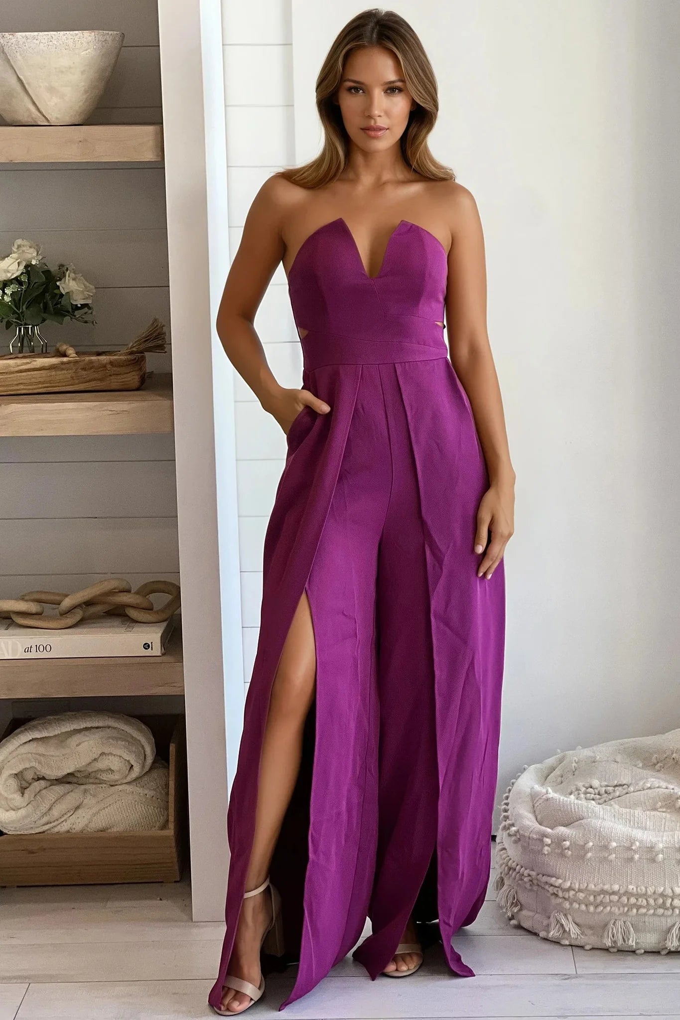 Magenta Strapless Jumpsuit With Slits