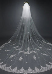 White Cathedral Veil with Blusher Lace Applique Long Wedding Veil
