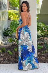 Royal Blue Printed V Neck Maxi Dress