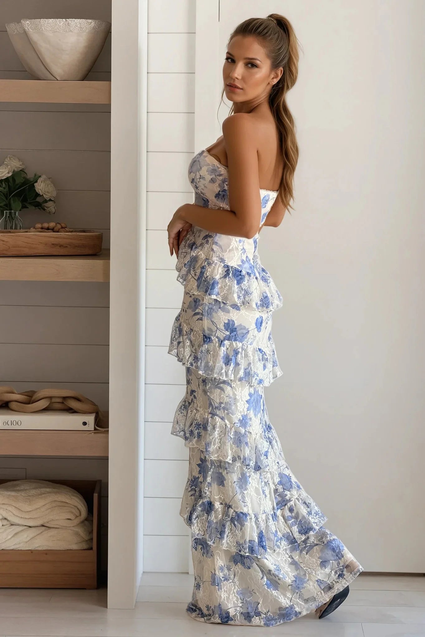 Blue Lace Floral Ruffled Maxi Dress