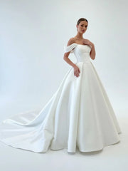 Elegant A Line Off the Shoulder White Satin Wedding Dresses