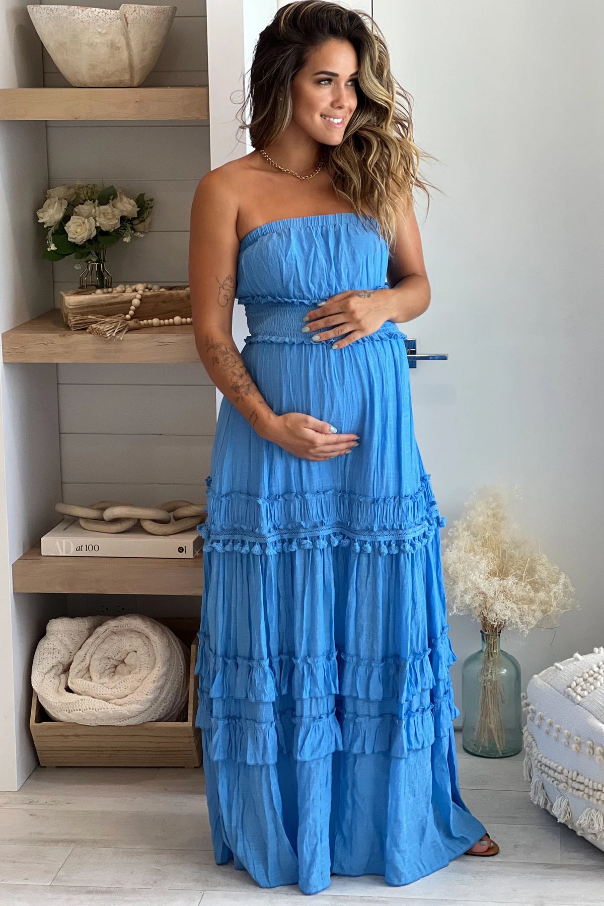 Blue Strapless Maternity Maxi Dress