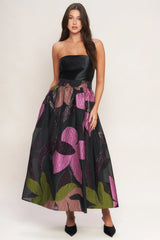 ABSTRACT ROSE BLACK MIDI DRESS