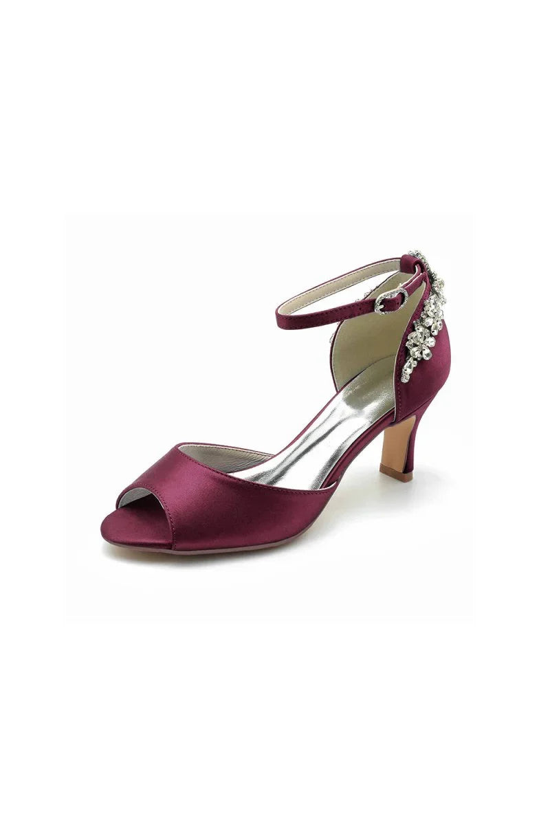 Satin Ankle Strap Rhinestone Chunky Heels