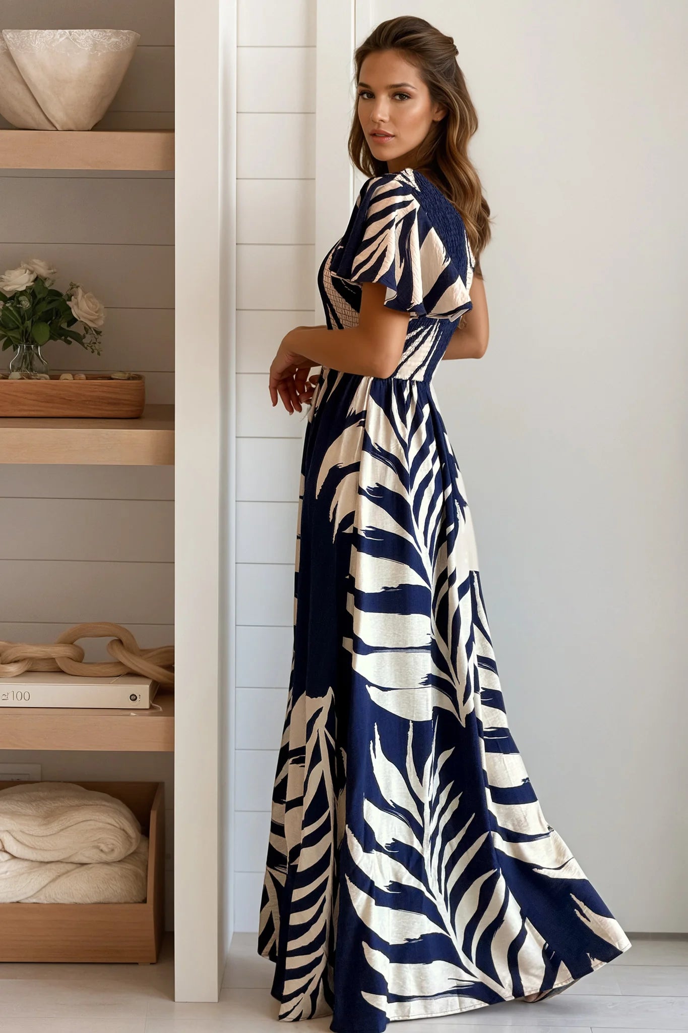 Navy Smocked Top One Shoulder Maxi Dress