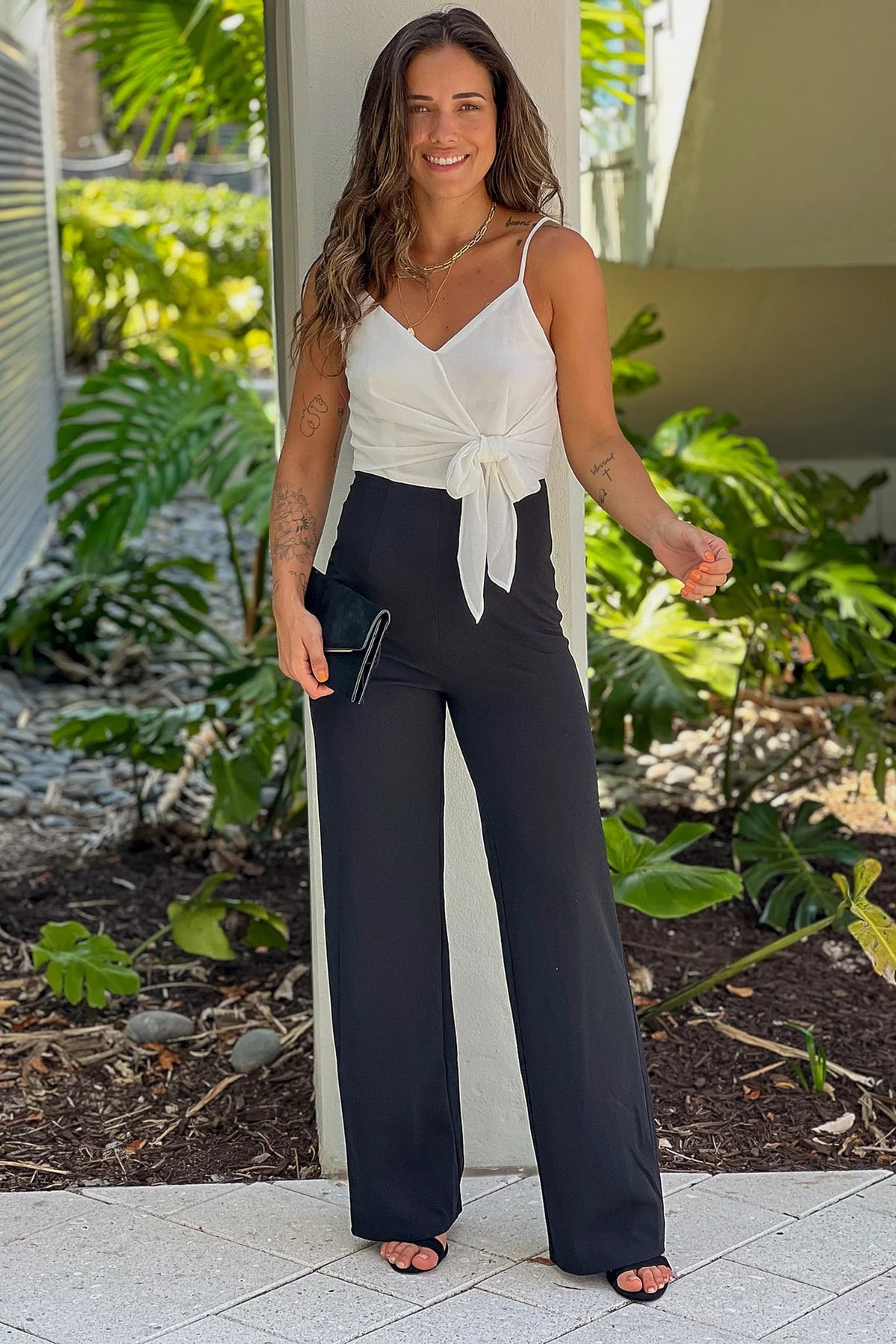 Off White And Black Front Tie Jumpsuit