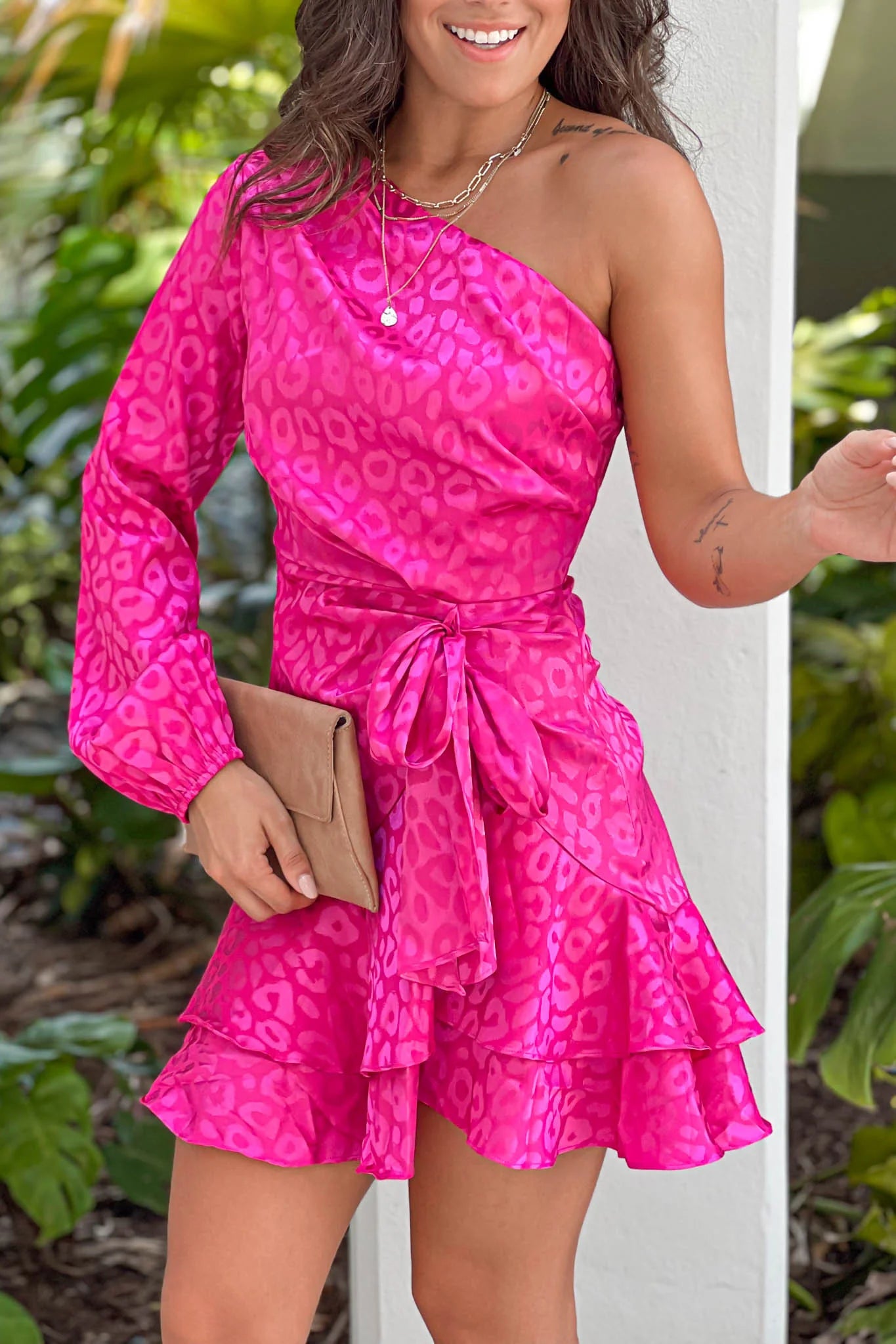 Fuchsia One Shoulder Satin Dress