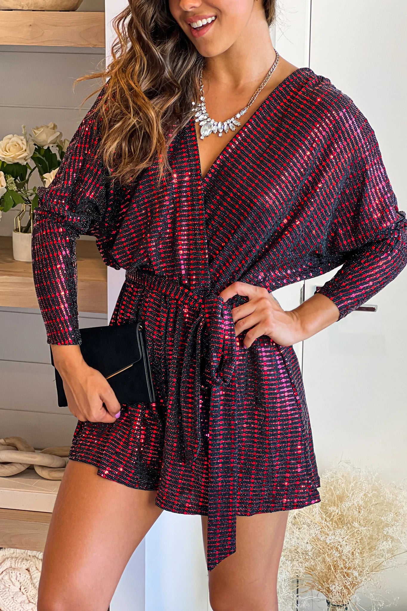 Red And Black Romper With Open Back