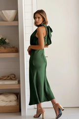 Hunter Green Mock Neck Satin Midi Dress