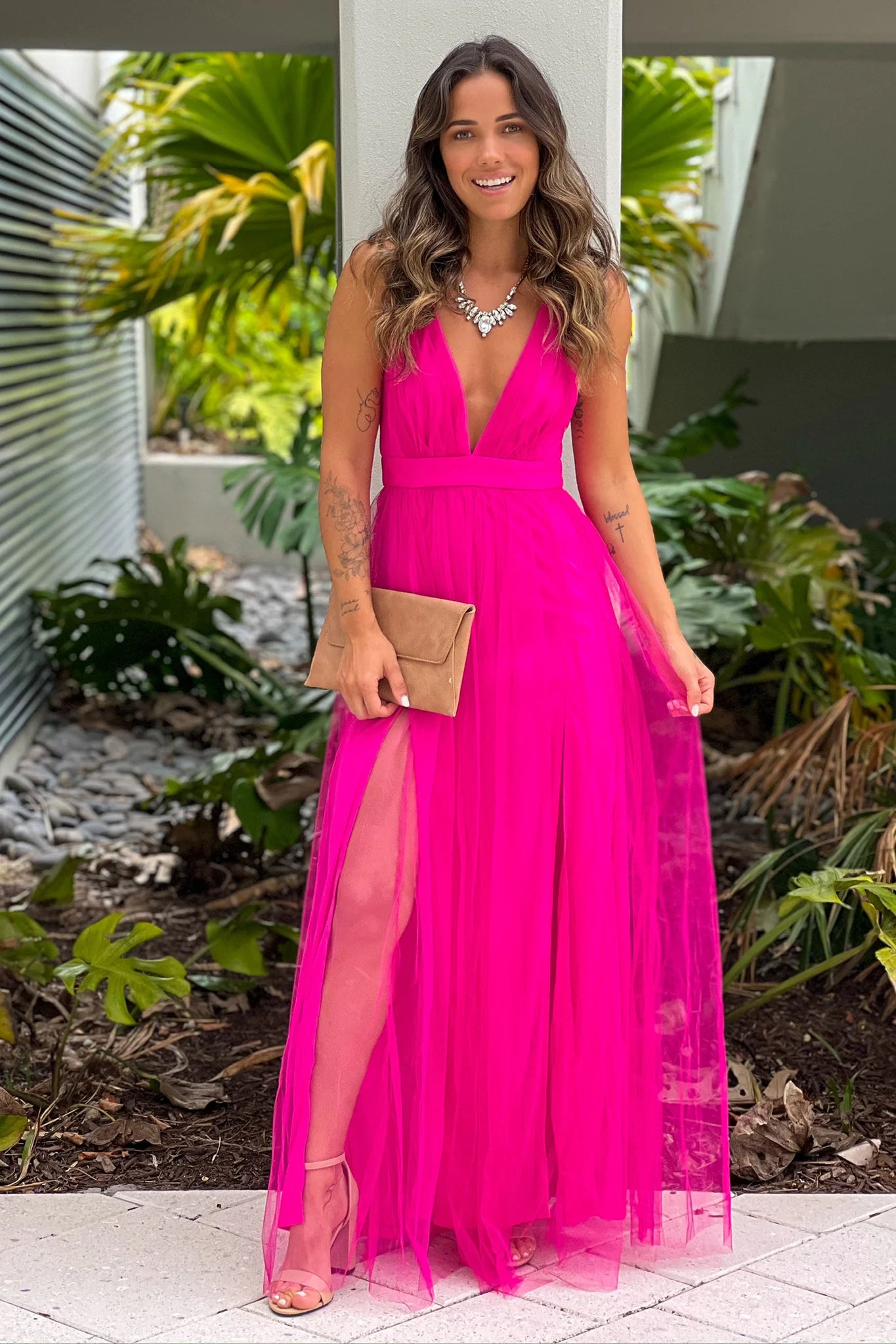 Fuchsia Tulle V Neck Maxi Dress With Slits