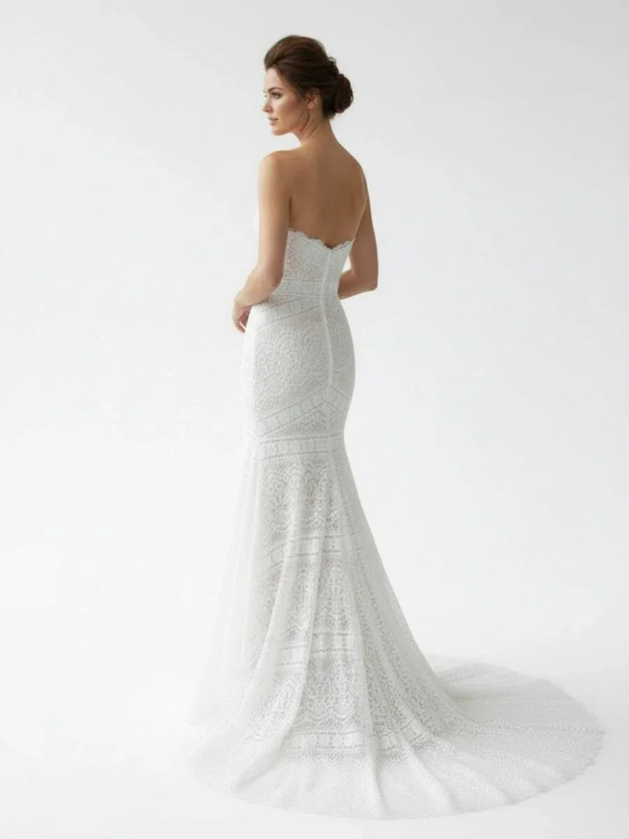 Vintage White Mermaid Lace Wedding Dress with Tassel