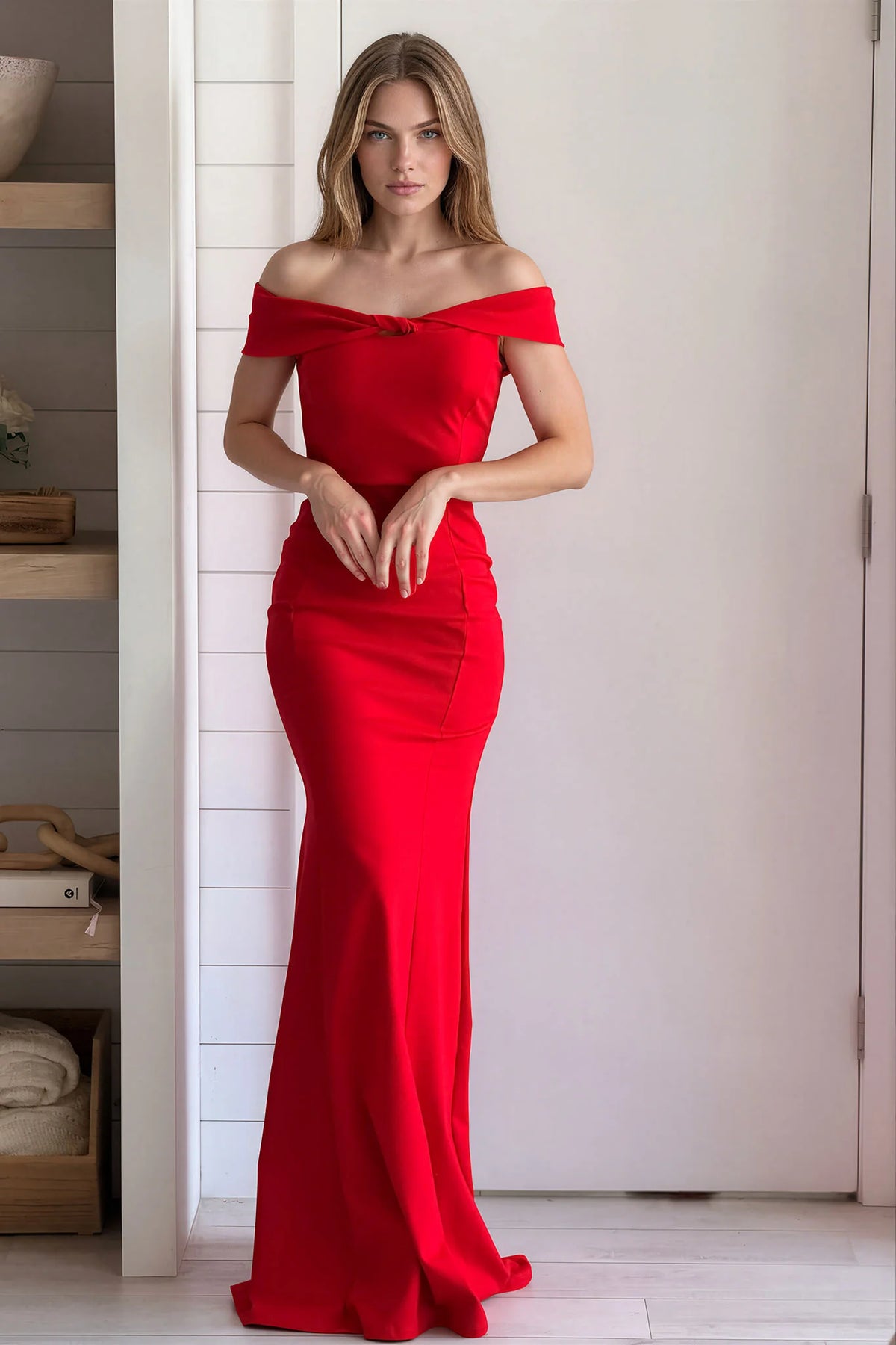 Red Twisted Off Shoulder Maxi Dress