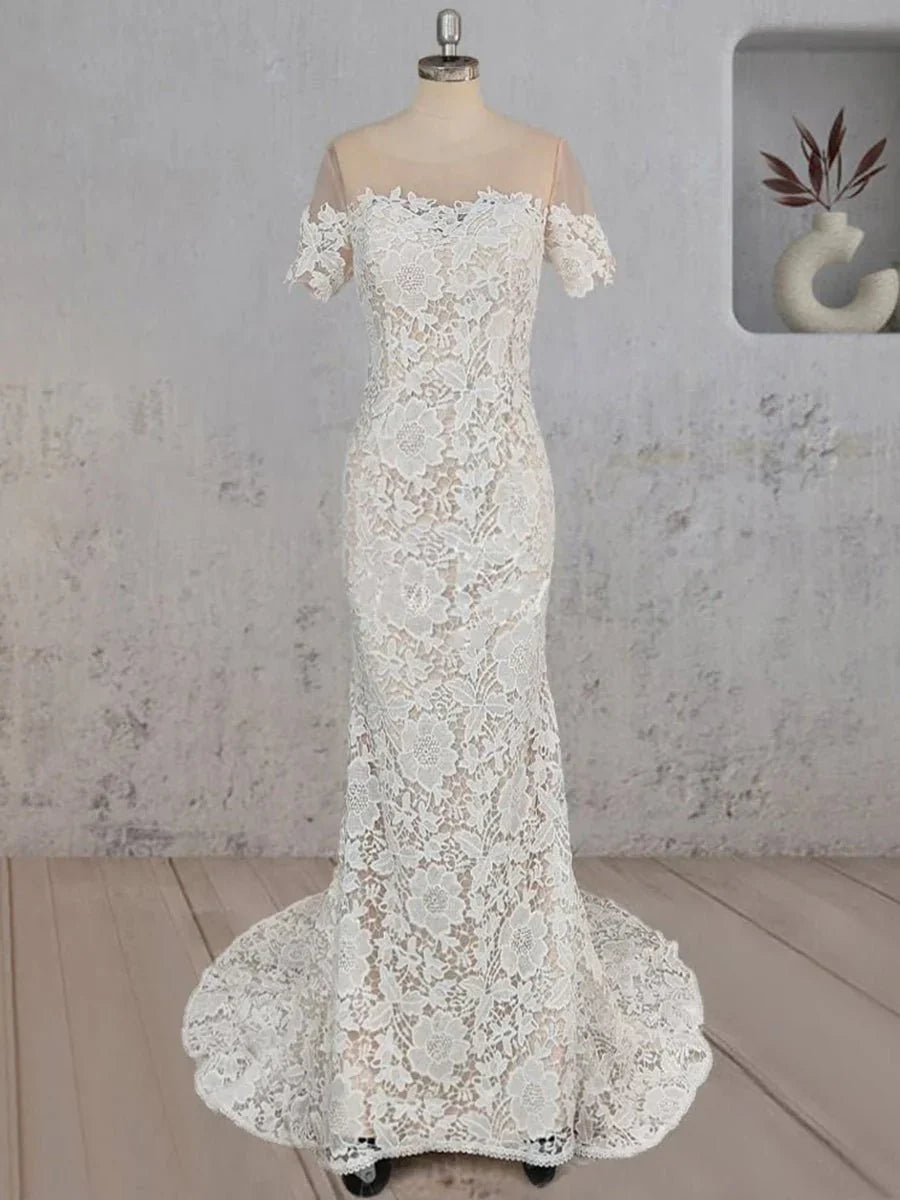 Mermaid Scoop Illusion Neck Floral Wedding Dress