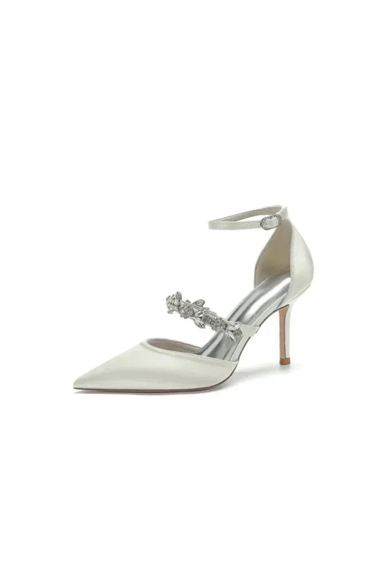 Crystal Strap Pointed Toe Satin High Heels
