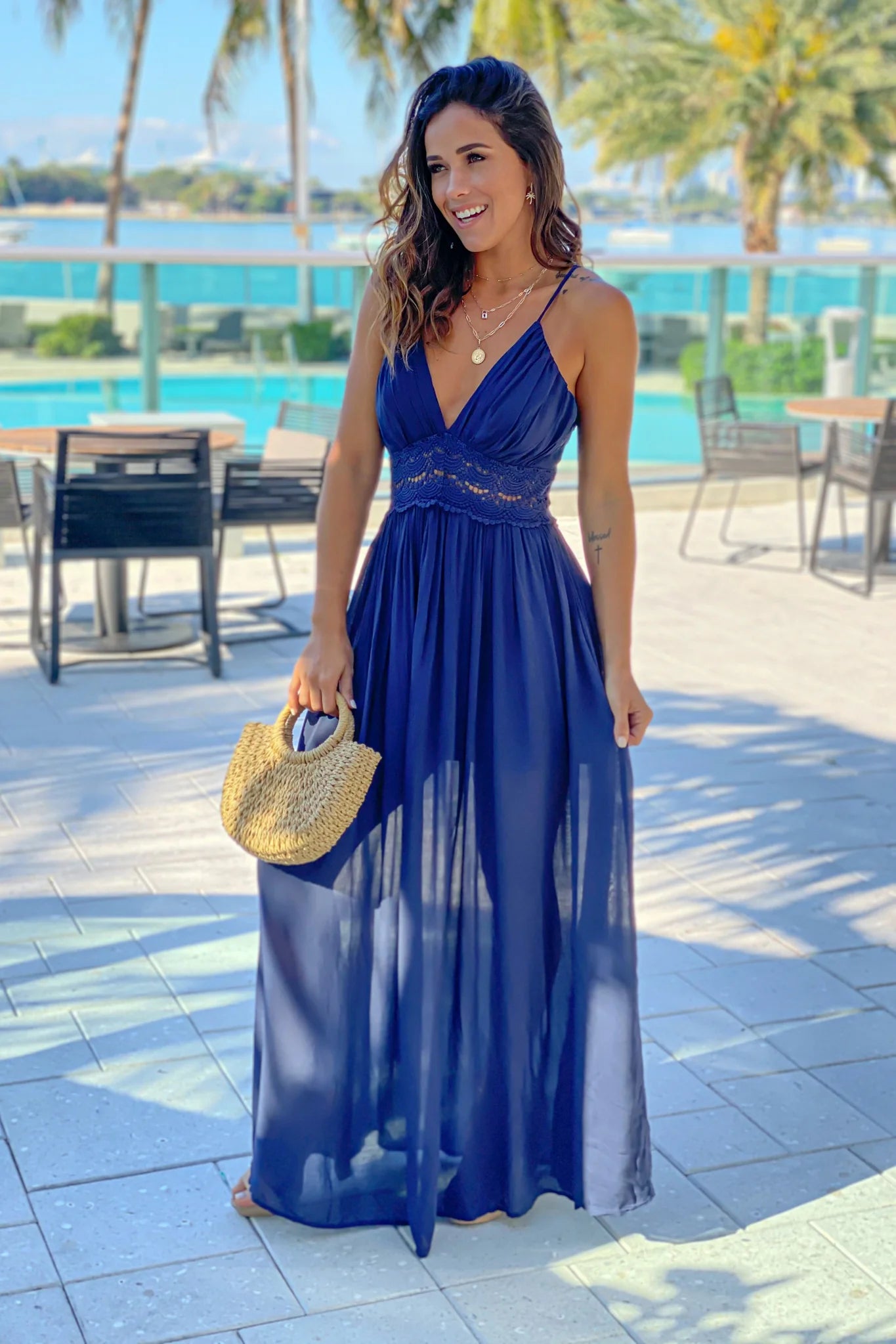 Navy Maxi Dress With Crochet Trim