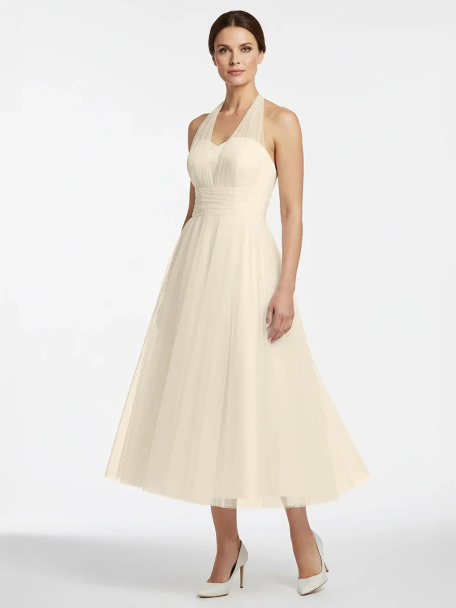 Halter A Line Tea Length Tulle Wedding Dress With Ruching