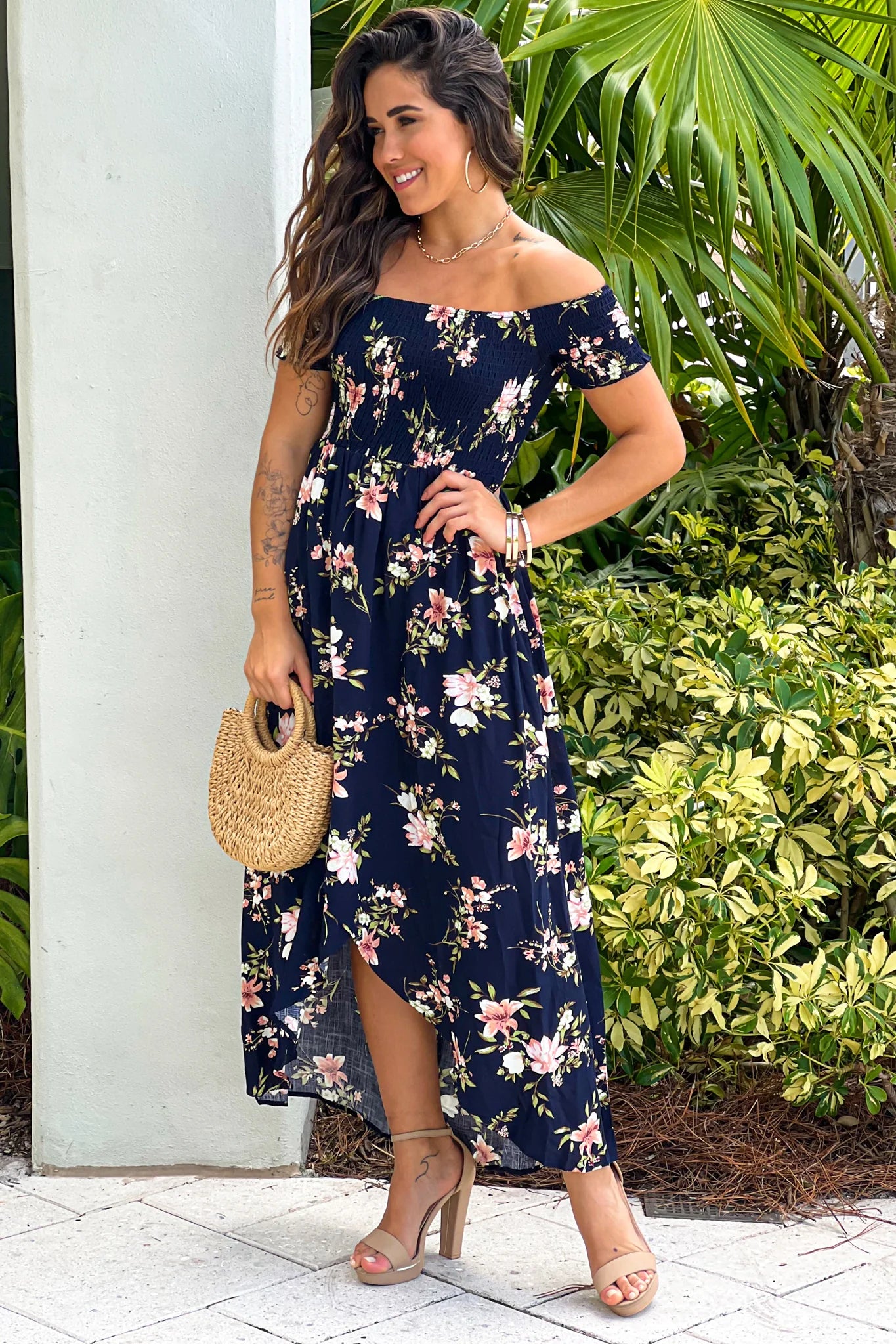Navy Floral Smocked Top Off Shoulder High Low Dress